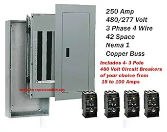 480 Volt Panelboards 3 Phase 225 Amp Main Lug Only Including 4- 3 Pole Breakers