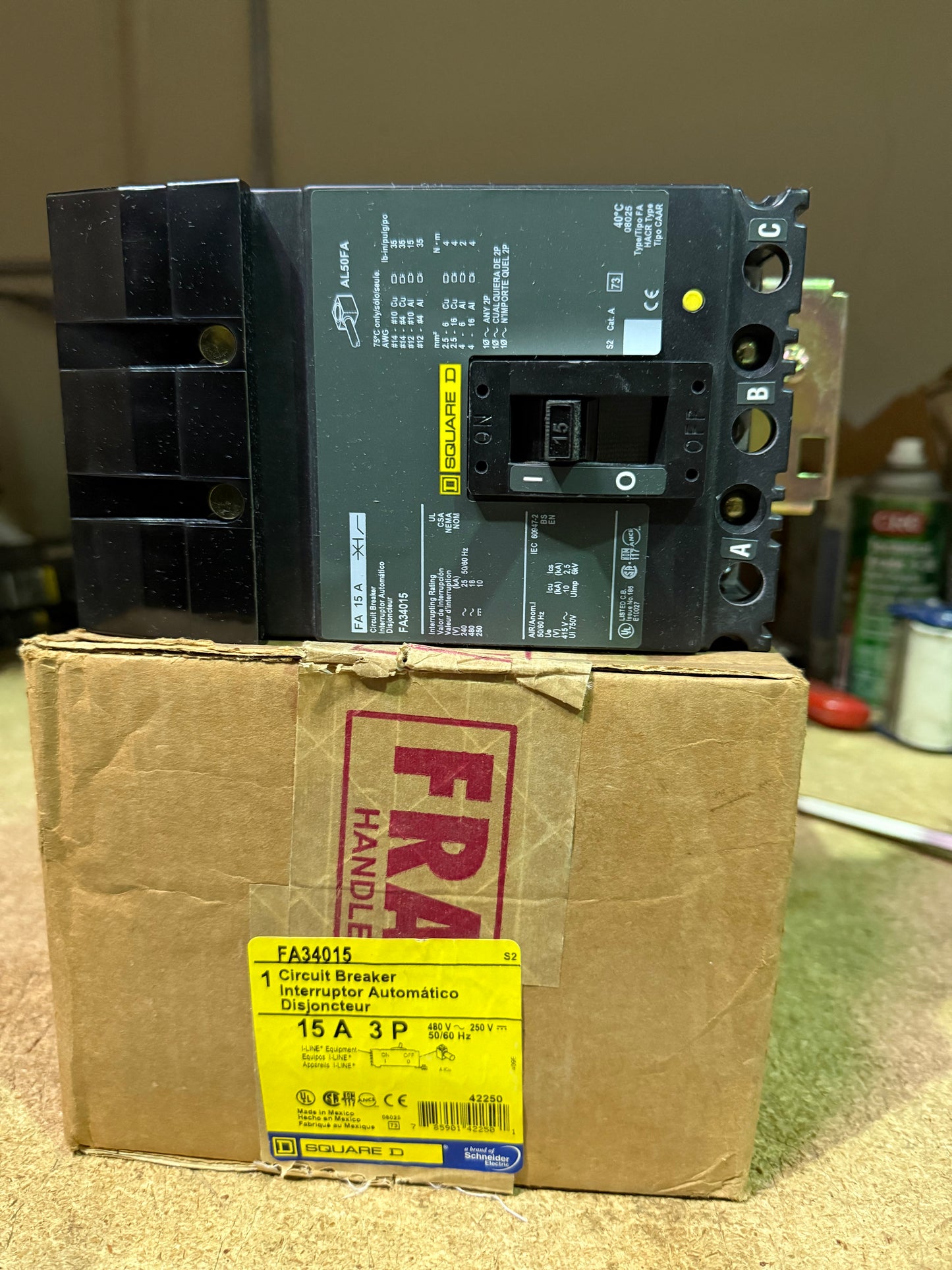 FA34015 CLOSEOUT SALE 3 Pole 15 Amps 480Volt I-Line Square D Molded Case Circuit Breaker